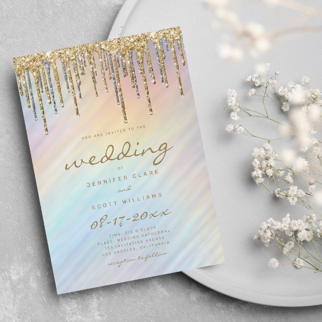 Invitación Purpurina de oro gotea Boda holográfico arcoiris (Gold Glitter Drips Rainbow Holographic Wedding Invitation )