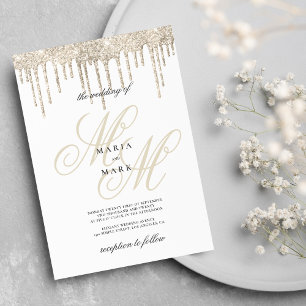 Invitación Purpurina de oro gotea en monograma boda inicial