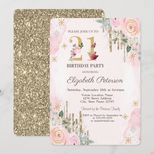 Invitación Purpurina de oro gotea flores rosadas 21 cumpleaño (Anverso / Reverso)
