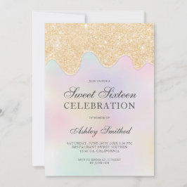 Invitación Purpurina de oro gotea foto de perla dulce diecisé