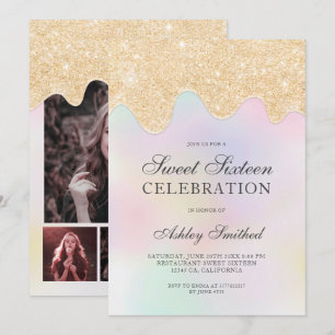 Invitación Purpurina de oro gotea foto de perla dulce diecisé