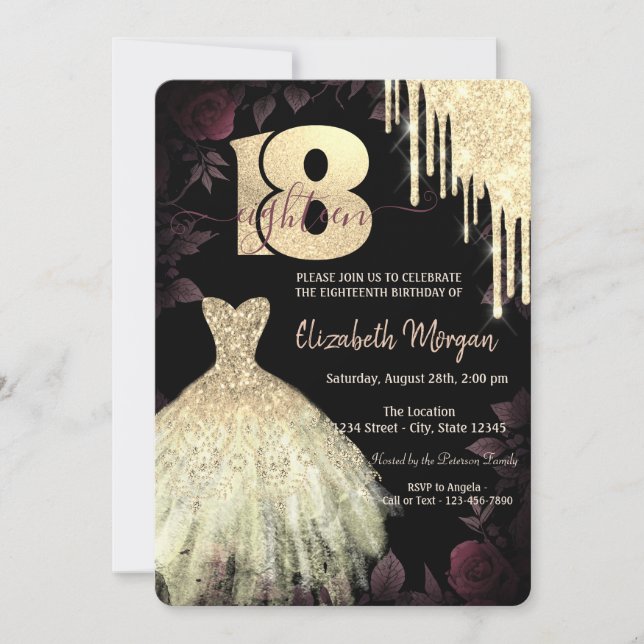 Invitación Purpurina de oro gotea vestido Gothic 18º cumpleañ (Anverso)