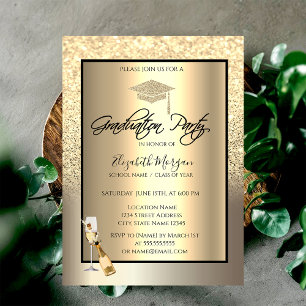 Invitación Purpurina de oro Grad Cap, Vino, Vidrio Champagne