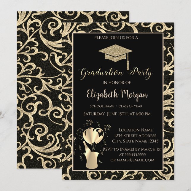 Invitación Purpurina de oro Graduación Cap SwirlsFiesta de gr (Anverso / Reverso)