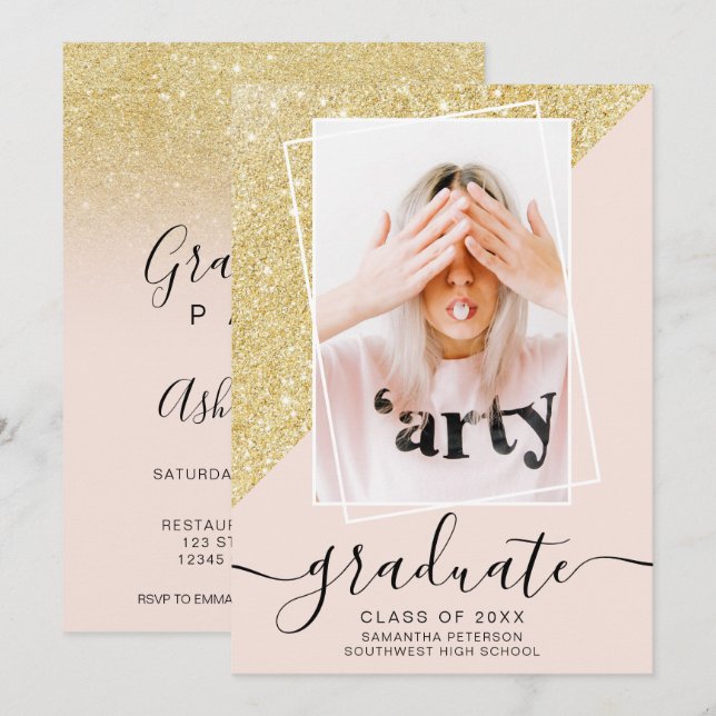 Invitación Purpurina de oro graduado de fotografía rosa (Anverso / Reverso)