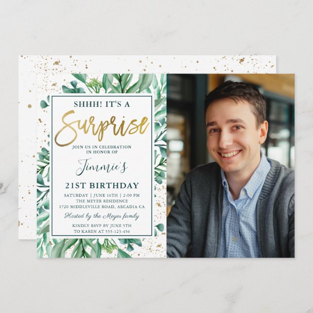 Invitación Purpurina de oro Greenery Surprise (Anverso / Reverso)