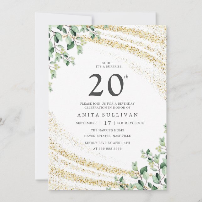 Invitación Purpurina de oro Greenery Veinte cumpleaños (Anverso)