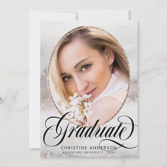 Invitación Purpurina de oro gris foto fiesta virtual de gradu (Anverso)