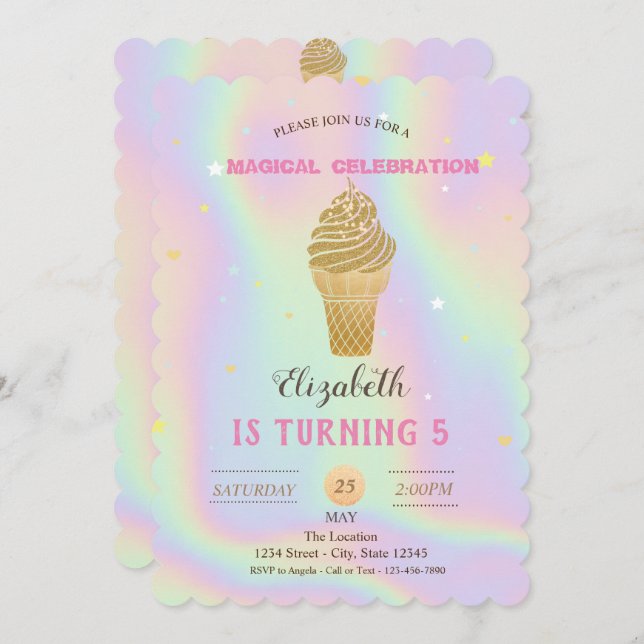 Invitación Purpurina de oro Helado Holográfico Cumpleaños (Anverso / Reverso)