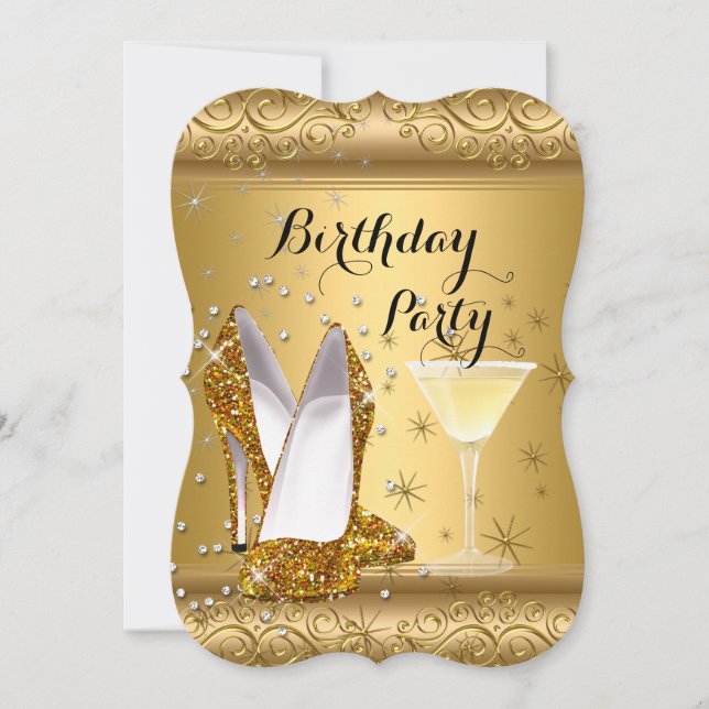 Invitación Purpurina de oro High Heels Cocktail Fiesta de cum (Anverso)