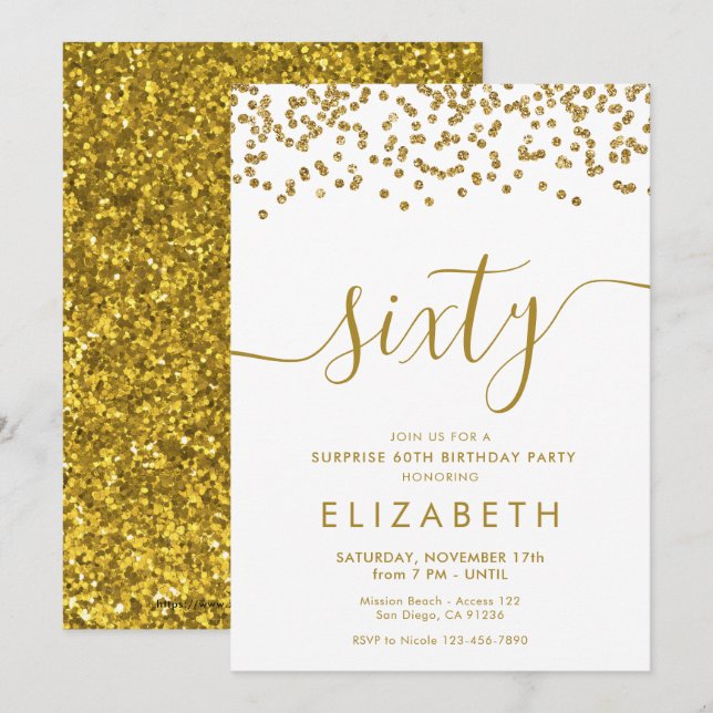 Invitación Purpurina de oro Hola 60 Sesenta cumpleaños Invita (Anverso / Reverso)