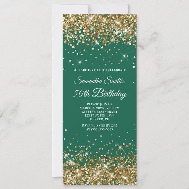 Invitación Purpurina de oro Hunter Green 50 cumpleaños (Anverso)