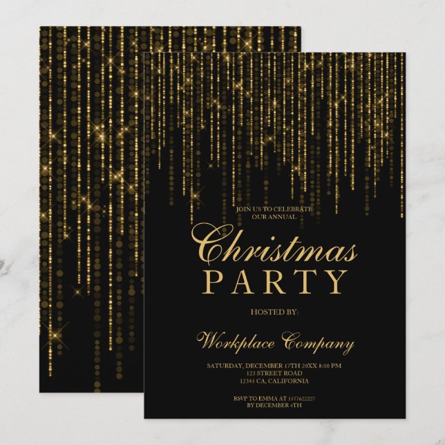 Invitación Purpurina de oro ilumina a Navidades de moda corpo (Anverso / Reverso)