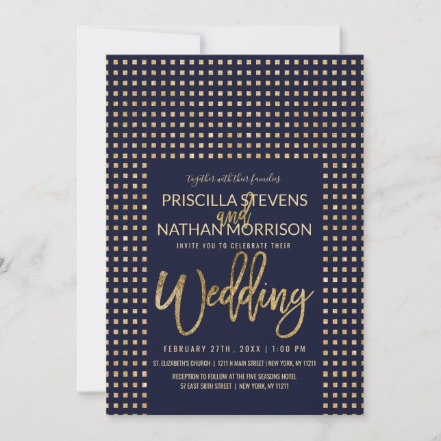 Invitación Purpurina de oro Jewels Navy Boda simple azul (Anverso)
