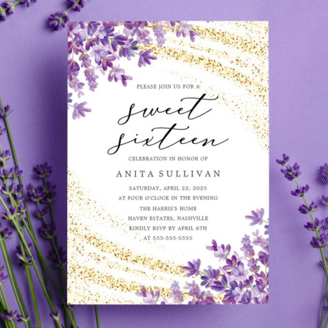 Invitación Purpurina de oro Lavender Sweet 16 Cumpleaños (Subido por el creador)
