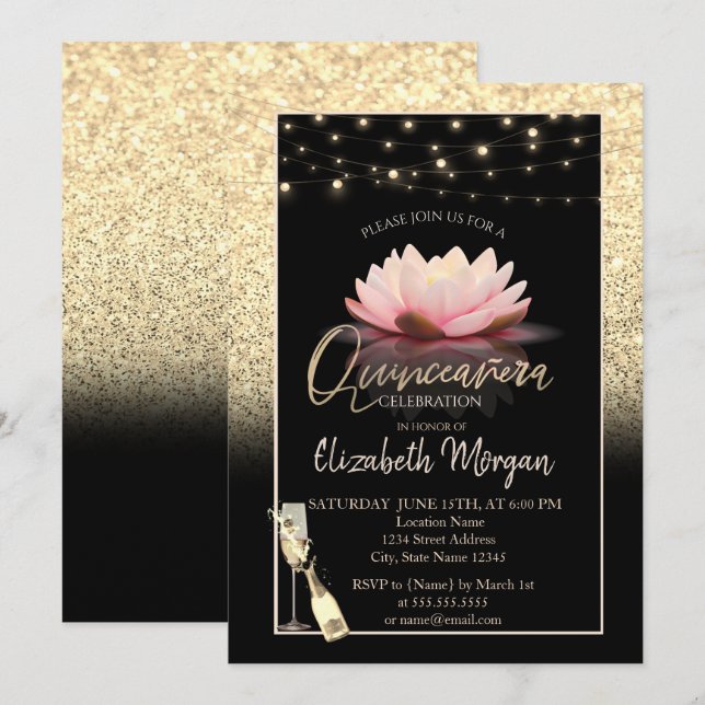 Invitación Purpurina de oro, Lotus, Quinceanera de vidrio de  (Anverso / Reverso)