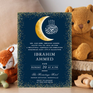 Invitación Purpurina de oro Luna Espacio Azul Aqiqa Aqeeqa