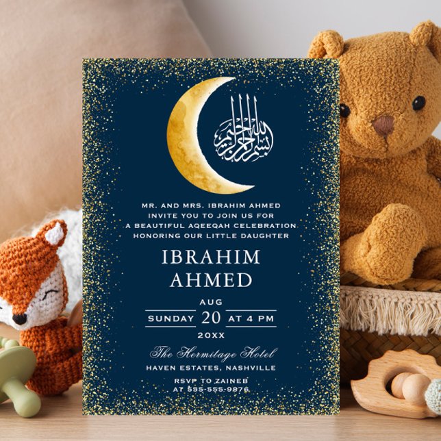 Invitación Purpurina de oro Luna Espacio Azul Aqiqa Aqeeqa (Subido por el creador)