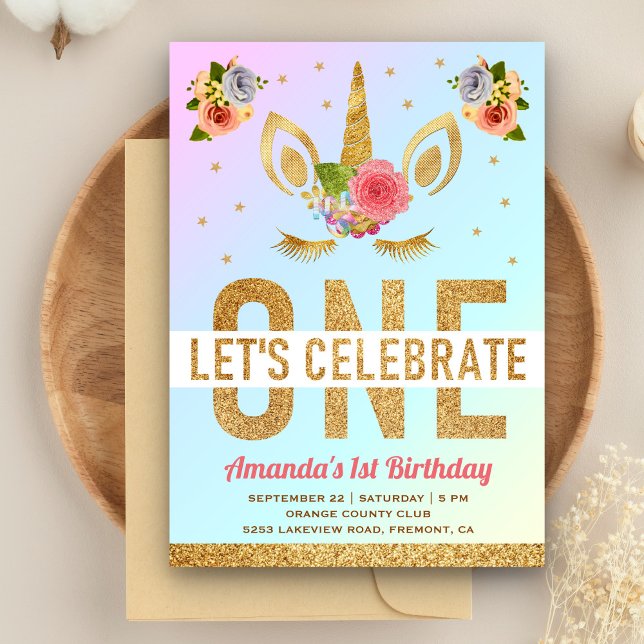 Invitación Purpurina de oro mágico Unicornio primer Fiesta de (Subido por el creador)