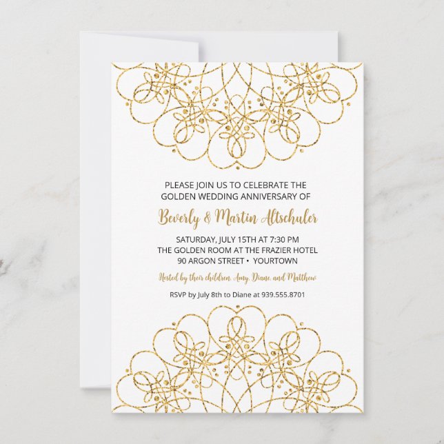 Invitación Purpurina de Oro Mandala 50° aniversario de Boda (Anverso)
