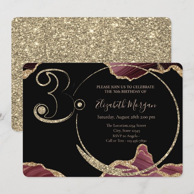 Invitación Purpurina de oro Marble de Borgoña 30 cumpleaños (Anverso / Reverso)