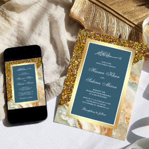 Invitación Purpurina de oro Marble Dusty Blue Muslim Boda