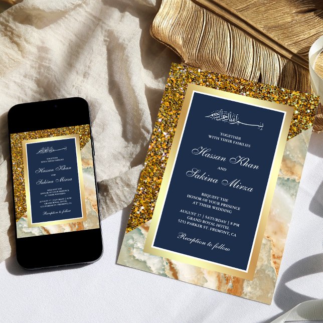 Invitación Purpurina de oro Marble marrón Boda musulmana azul (Subido por el creador)