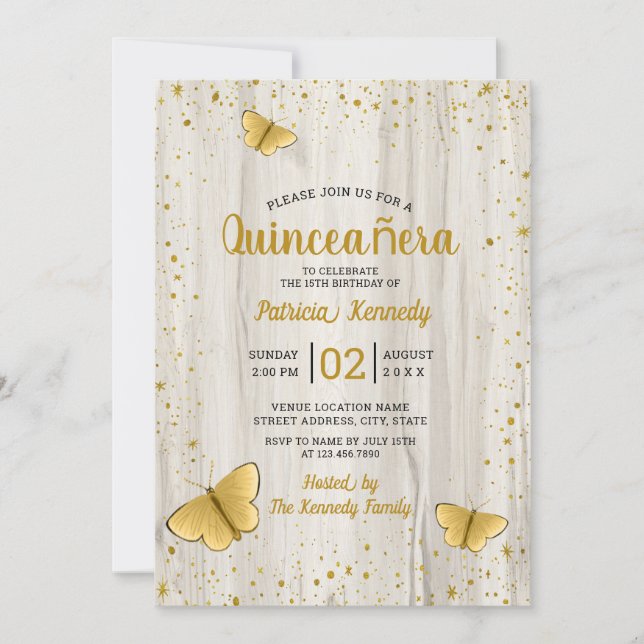 Invitación Purpurina de oro Mariposa Rusa Wood Quinceanera (Anverso)