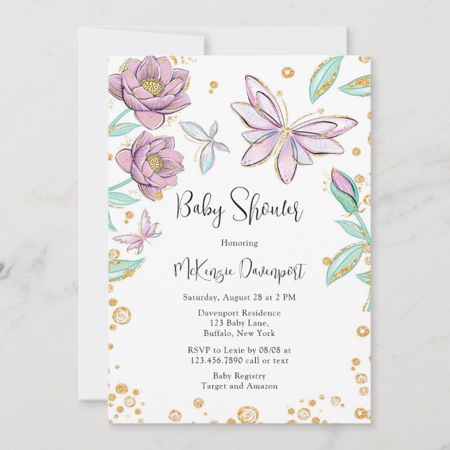 Invitación Purpurina de oro Mariposa y Niña Flor Baby Shower (Anverso)