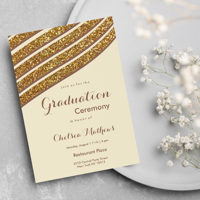 Invitación Purpurina de oro marrón marfil geométrico Graduaci (Geometric ivory brown gold glitter Graduation)