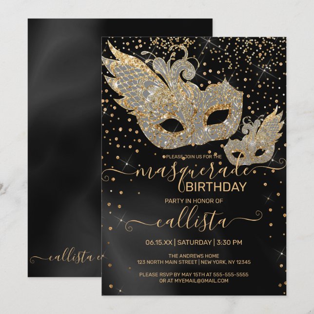 Invitación Purpurina de oro Mascarada de seda negra Cumpleaño (Anverso / Reverso)