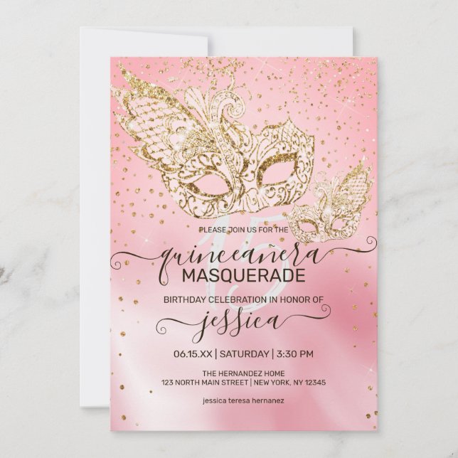 Invitación Purpurina de oro Mascarada de seda rosa Quinceañer (Anverso)