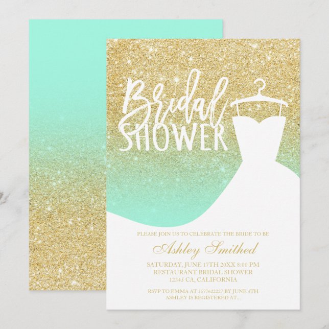 Invitación purpurina de oro menta elegante vestido de moda Br (Anverso / Reverso)