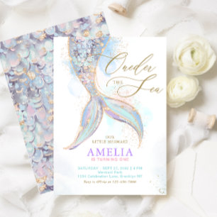 Invitación Purpurina de oro Mermaid Tail ONEder the Sea Birth