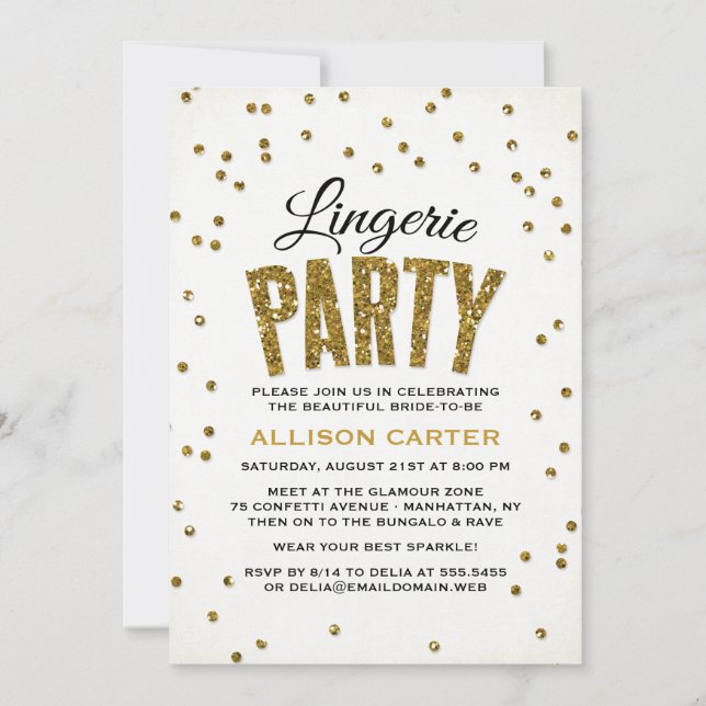 Invitación Purpurina de oro Mira Fiesta de Confetti Lingerie (Anverso)