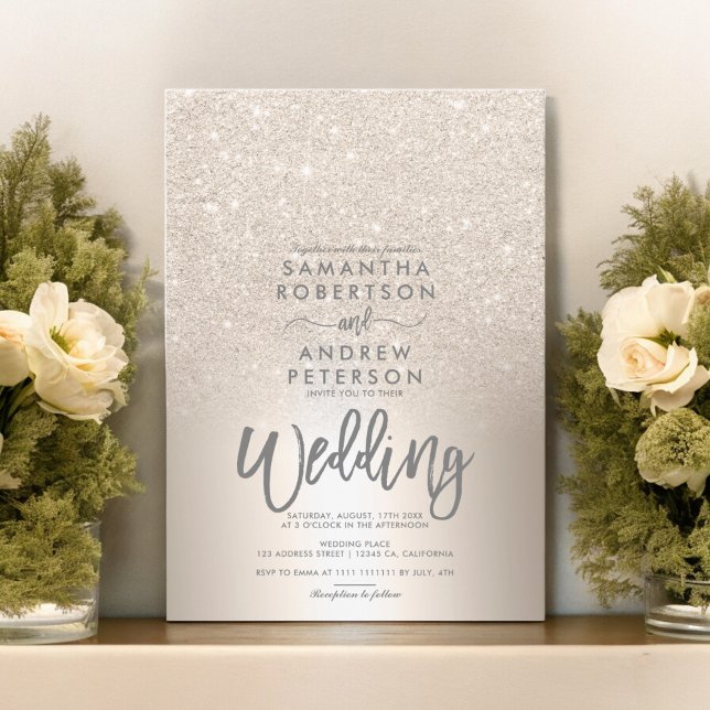 Invitación purpurina de oro moda boda gris de Relieve metaliz (Chic gold glitter ombre metallic foil grey wedding invitation)