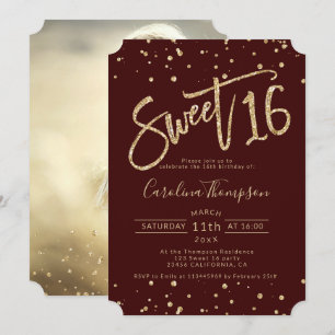 Invitación purpurina de oro Moda confetti burgundy Sweet 16 f