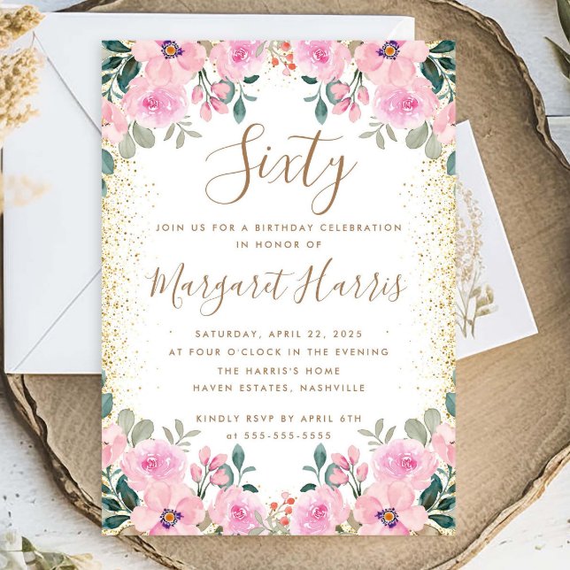 Invitación Purpurina de oro moda Floral rosa 60 cumpleaños (Subido por el creador)