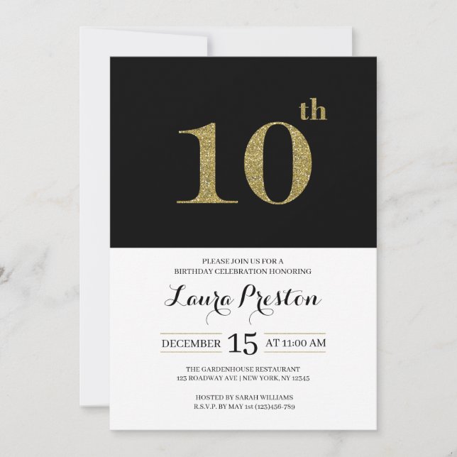 Invitación Purpurina de oro moderno 10 cumpleaños (Anverso)