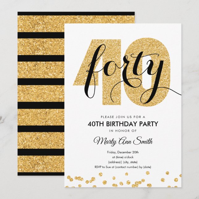 Invitación Purpurina de oro moderno 40.º Fiesta de cumpleaños (Anverso / Reverso)