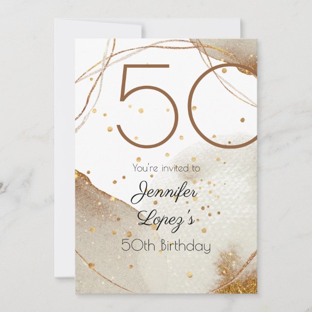 Invitación Purpurina de oro moderno 50 cumpleaños (Anverso)