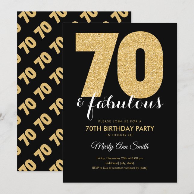 Invitación Purpurina de oro moderno 70 y fabulosa fiesta de c (Anverso / Reverso)