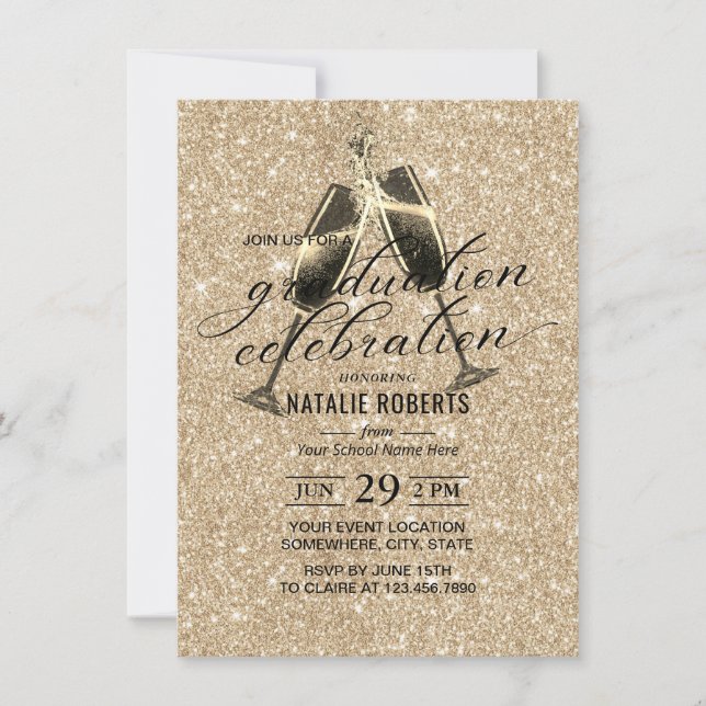 Invitación Purpurina De Oro Moderno Alegra A La Graduación (Anverso)