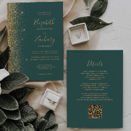 Invitación Purpurina de oro moderno Boda de código QR verde o