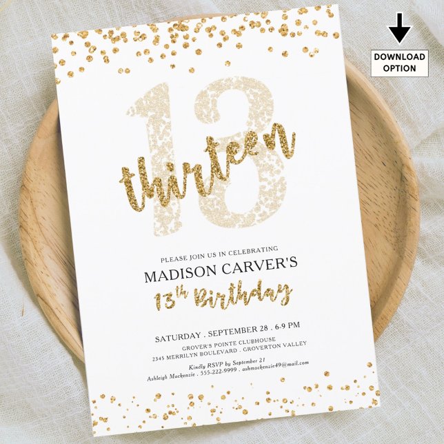 Invitación Purpurina de oro moderno Confetti 13 cumpleaños (Subido por el creador)