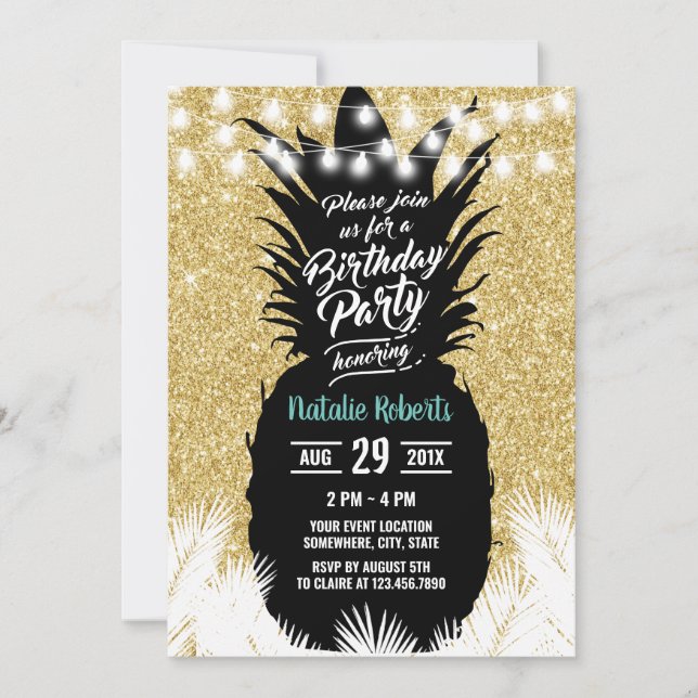 Invitación Purpurina de oro moderno de piña tropical Cumpleañ (Anverso)