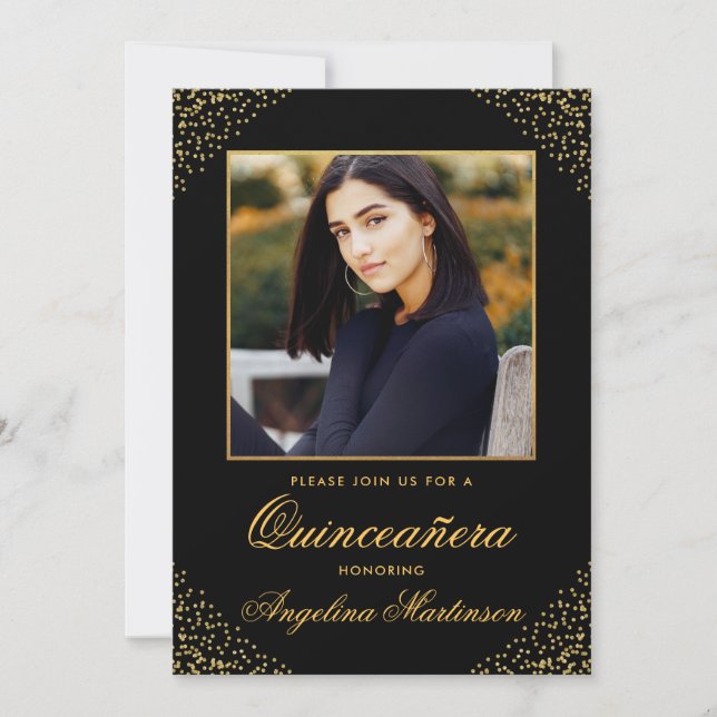 Invitación Purpurina de oro moderno de Quinceanera (Anverso)