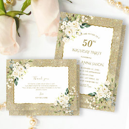 Invitación Purpurina de oro moderno Flores blancas 50 cumplea