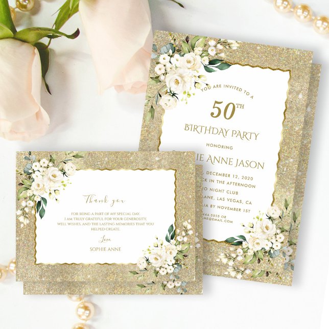 Invitación Purpurina de oro moderno Flores blancas 50 cumplea (Subido por el creador)