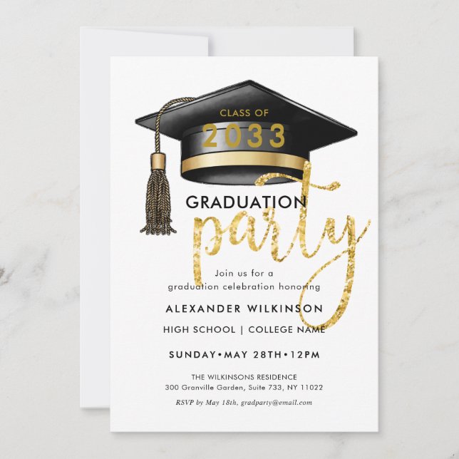 Invitación Purpurina de oro moderno guión Fiesta simple GRAD (Anverso)